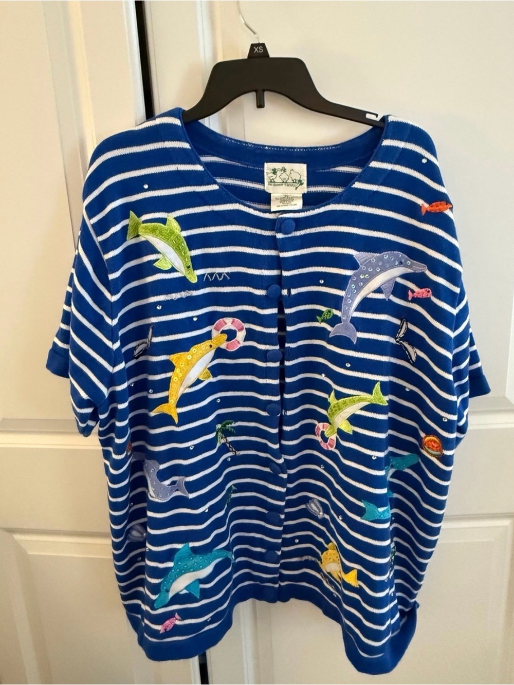Quacker Factory blue and white striped dolphin cardigan